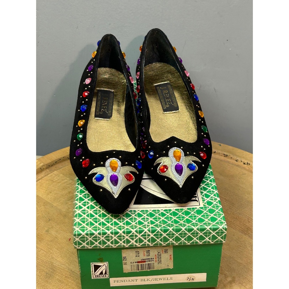 J. Renee Shoes Womens 7.5N Black Pendant Jeweled Pointed Toe Low Heel Vintage